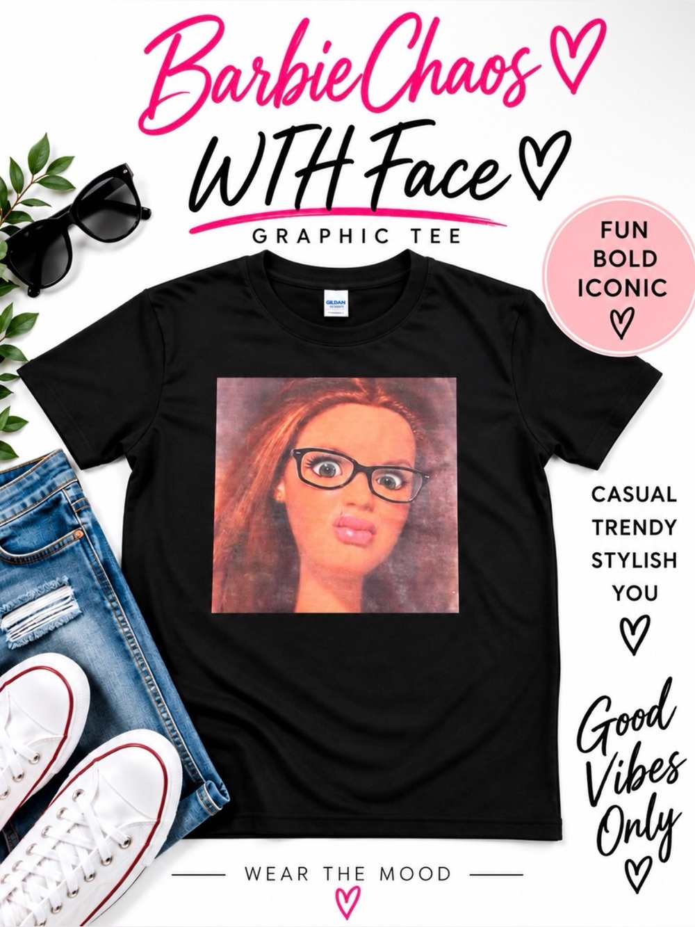 Barbie Chaos Graphic Tee WTH Expression - Black Unisex Short Sleeve